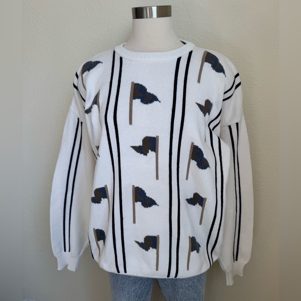 Vintage John Ashford Golf Flag‎ Print Knit Sweater spring summer XL